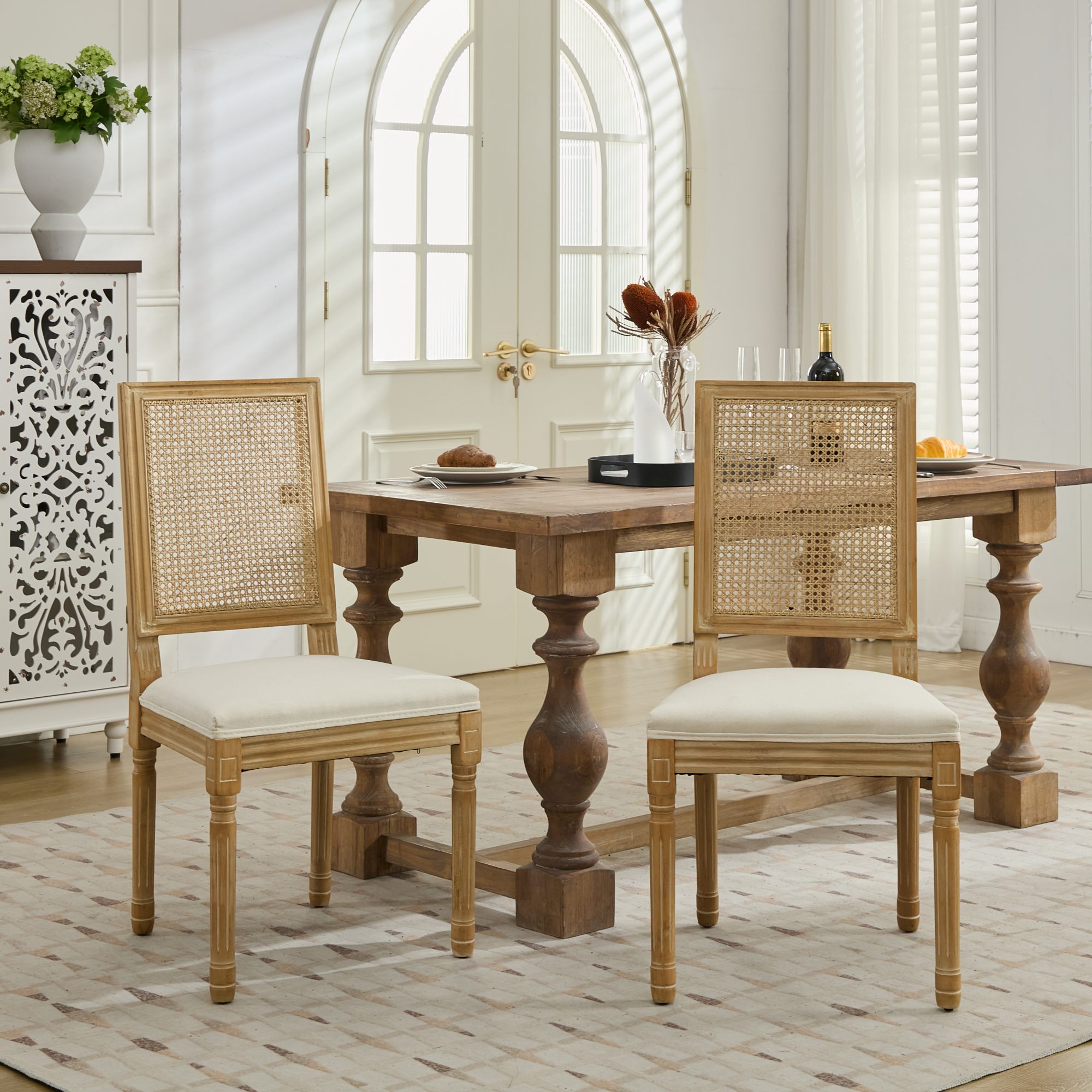 French Decor Chairs Set Of 2, Louis Dining Chairs With Square Rattan Backrest And Exquisitely Carved Solid Wood Frame For Living Room, Kitchen, Restaurant,SW1779BG, Beige