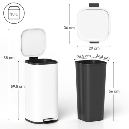 30L Kitchen Bin, Compact Pedal Bin With Soft-Close And Stay-Open Lid, Removable Bucket For Kitchen, Home, Office, White