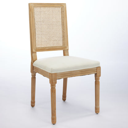 French Decor Chairs Set Of 2, Louis Dining Chairs With Square Rattan Backrest And Exquisitely Carved Solid Wood Frame For Living Room, Kitchen, Restaurant,SW1779BG, Beige