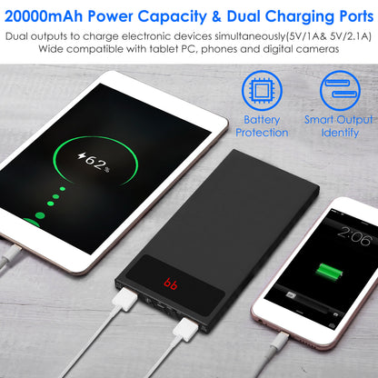1Pc 20000mAh Power Bank Ultra-thin Phone Charger Dual USB Port Flashlight Battery Remain Display