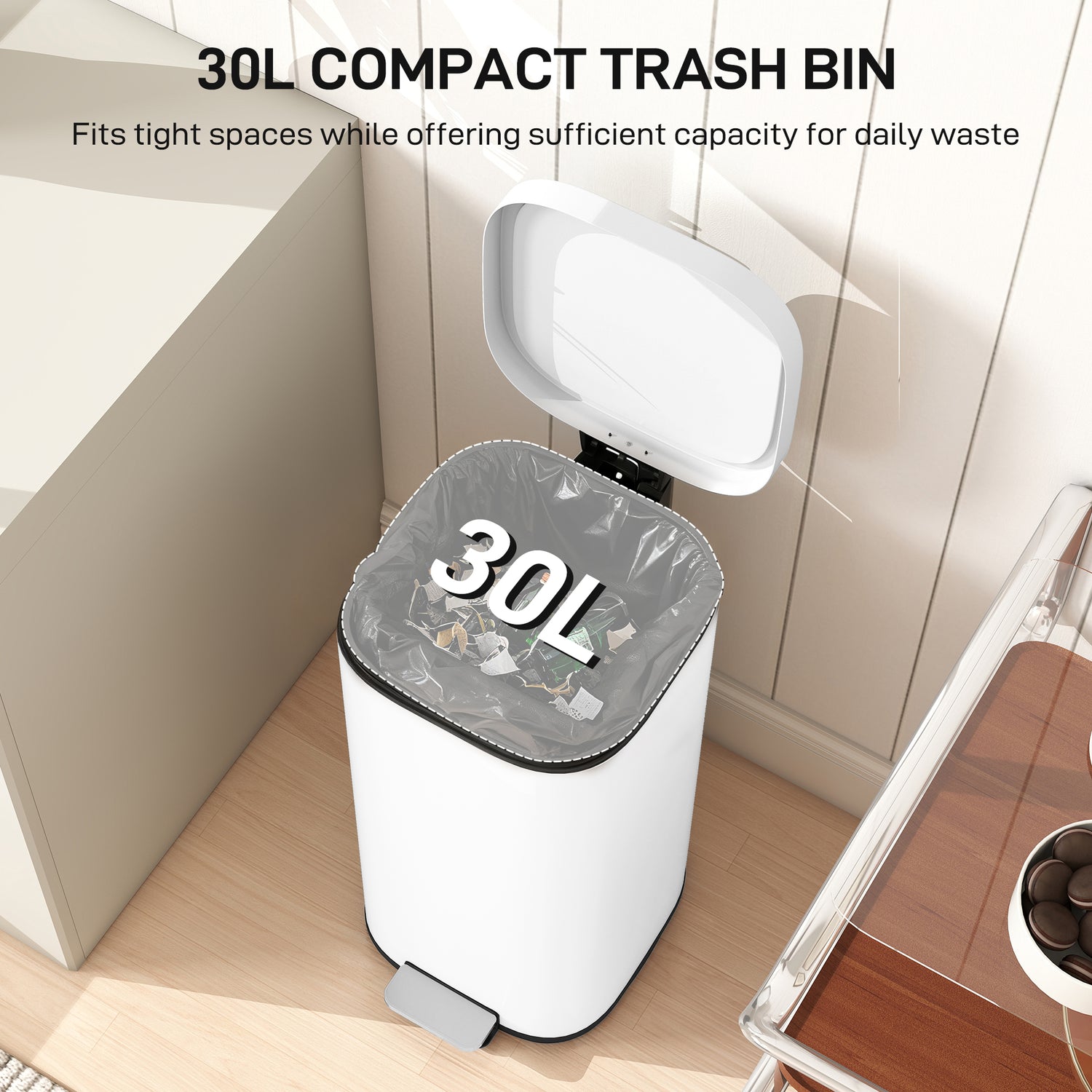 30L Kitchen Bin, Compact Pedal Bin With Soft-Close And Stay-Open Lid, Removable Bucket For Kitchen, Home, Office, White